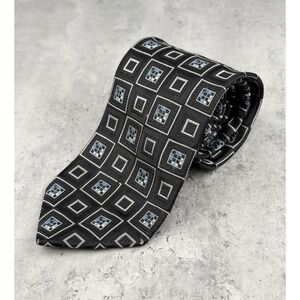 Ermenegildo Zegna 100% Silk XL 64" Tie Black Gray Blue Geometric Squares Italy